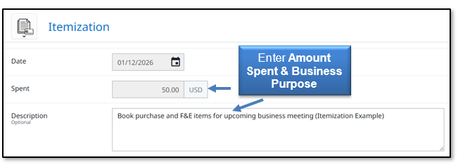 Enter Amount Spent and Business Purpose