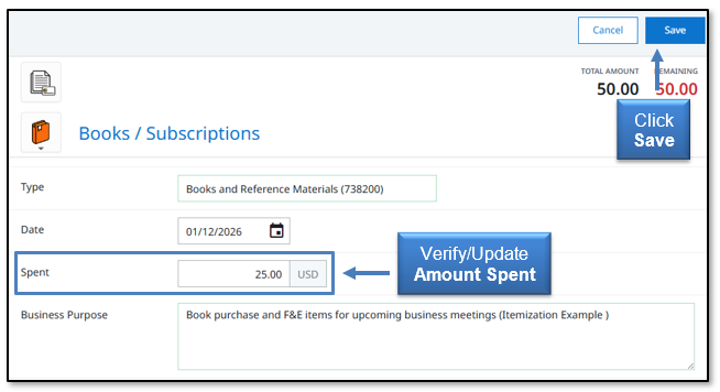Verify/Update Amount Spent and click Save