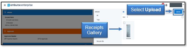 Select Upload and receipts are shown in preview picture in a list