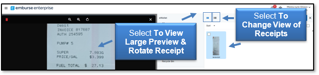 Select to view large preview and rotate receipt and select to change view of receipts