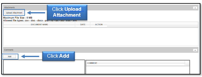 Click Upload Attachment, Click Add to add Comments