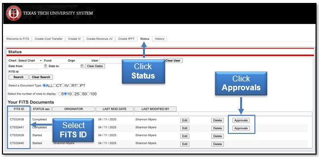 Click the Status tab, Select a FiTS ID and then click Approvals