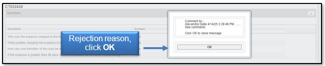Rejection reason will display, click Ok