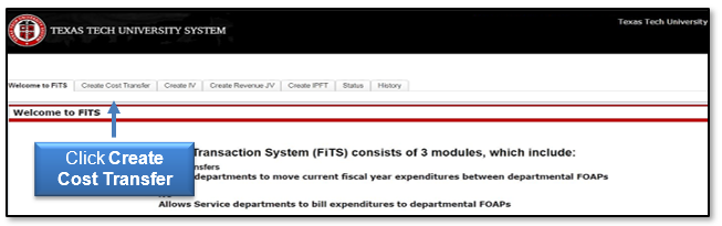 Click the Create Cost Transfer tab