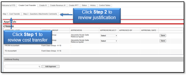 Click either Step 1 to review Cost Transfer or Step 2 to review justification