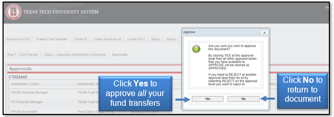 Click Yes to approve all your fund transfers or click No to return to the document