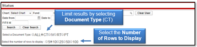 Limit the results by select a Document Type like CT, and select the number of rows to display