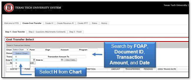 Select H from the Chart drop-down and Search by FOAP, Document ID, Transaction Amount, and Date