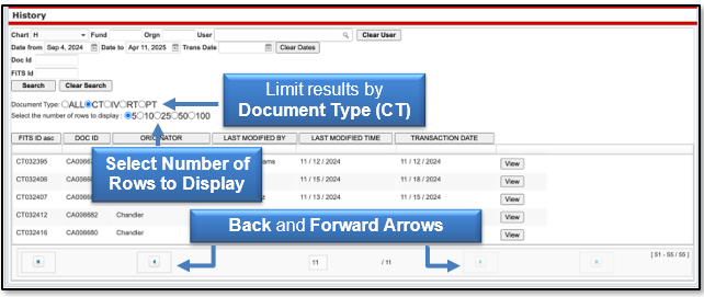 Limit results by Document type like CT, select the number of rows to display, and use the arrows to move backward and forward