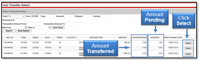 View the Amount Transferred, the Amount Pending, and Click Select