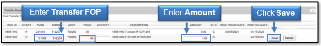 Enter the Transfer FOP and the Amount, click Save