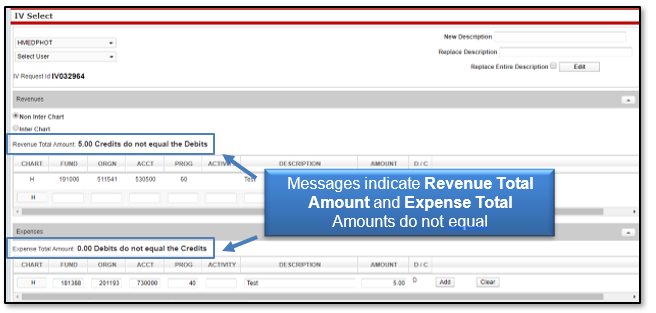 Messages indicate Revenue Total Amount and Expense Total Amounts do not equal debits/credits