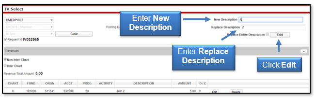 Enter a New Description, Enter Replace Description, Click Edit