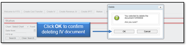 Click OK to confirm deleting IV document