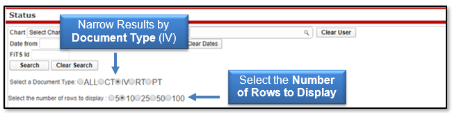 Narrow Search Results by Document Type such as IV and select the number of rows to display