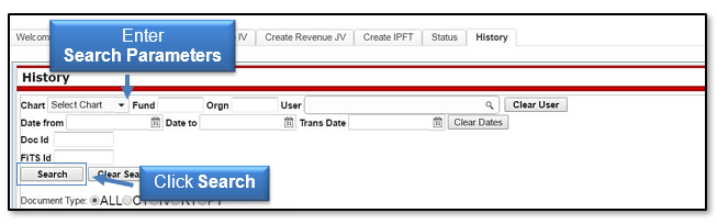 Enter Search parameters, click Search
