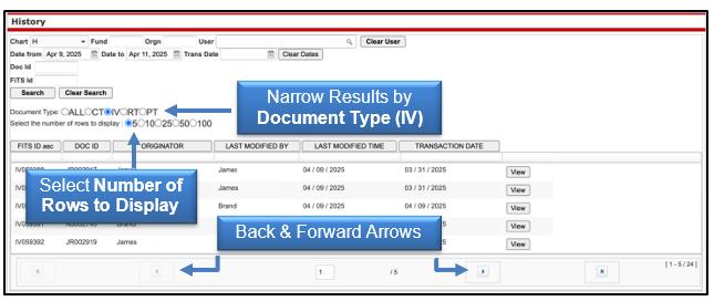 Narrow results by document type like IV, select number of rows to display and use back and forward arrows
