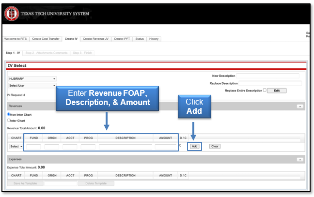 Enter the Revenue FOAP, Description and Amount then click the Add button