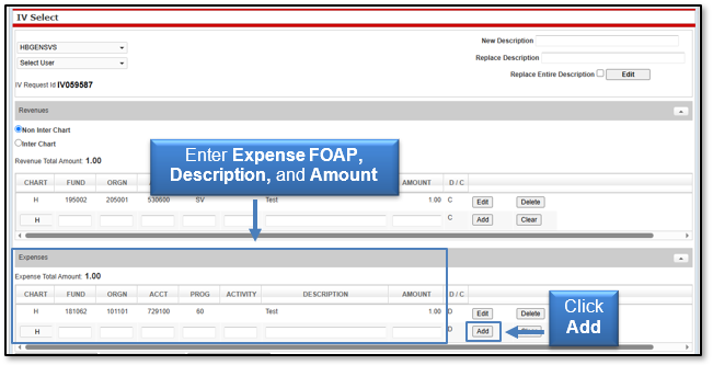 Enter Expense FOAP, Description, and Amount, then click Add button