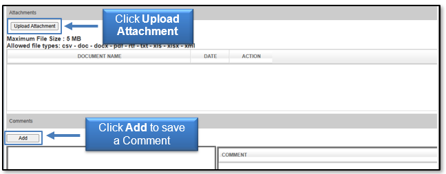 Click Upload Attachment and click Add to save a comment