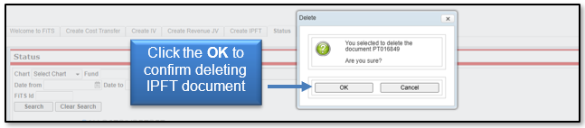 Click OK to confirm deleting IPFT document