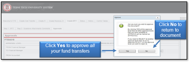 Click Yes to approve all your fund transfers or No to return to the document