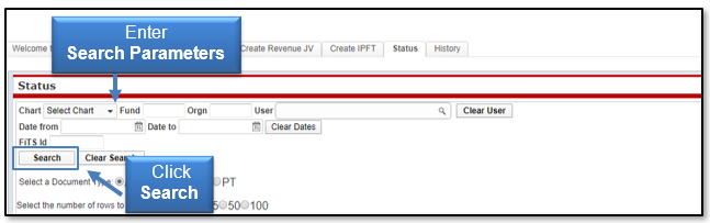 Enter Search Parameters, click Search button