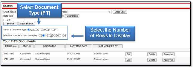 Select the document type as PT, and the number of rows to display