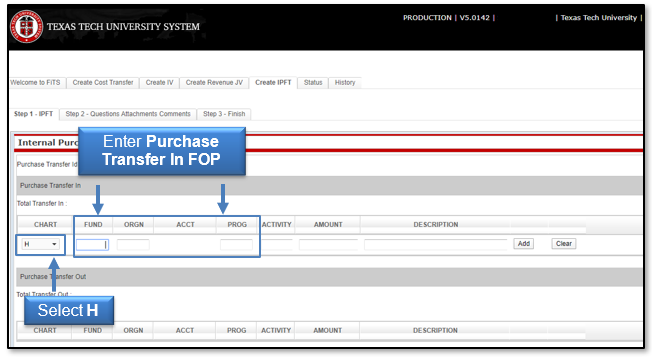 Select Chart H, enter Purchase Transfer FOP