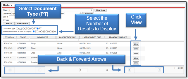 Select PT for Document Type, the number of results to display; use arrows to go backward/forward; click view