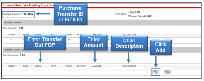 Enter Transfer Out FOP, Amount, Description, then click Add