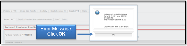 Error message displays, click OK