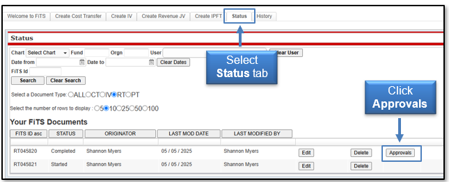 Select Status tab, then click Approvals
