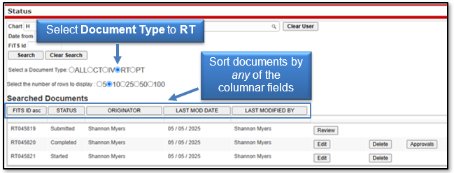 Select Document Type to RT, sort documents by any of the columnar fields