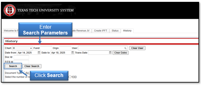 Enter Search Parameters, click Search