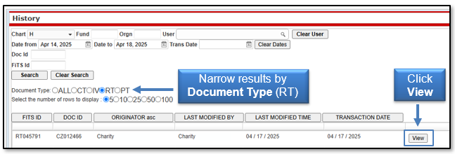 Narrow search results by Document Type selecting RT, click View