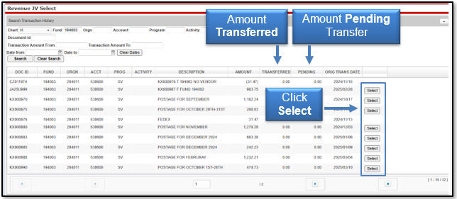 Displayed includes amount transferred and amount pending transfer, click Select