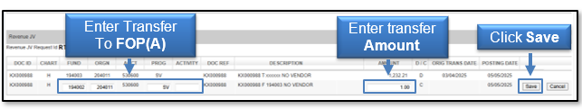 Enter Transfer to FOP and the transfer Amount, click Save