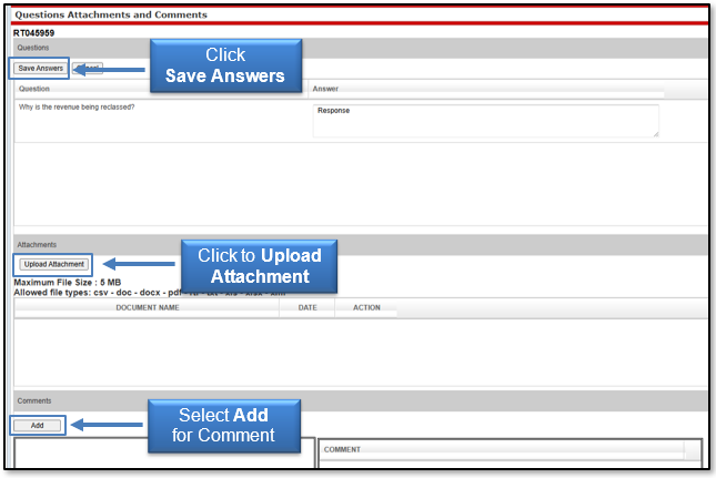 Click Save Answers; click button to Upload Attachment; select Add for comment