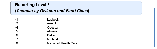 List of Reporting Level 3 Funds, Campus by Division and Fund Class