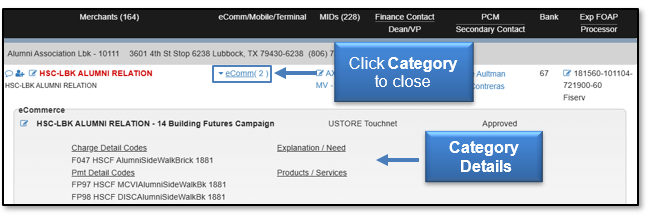 Click category to close and review category details