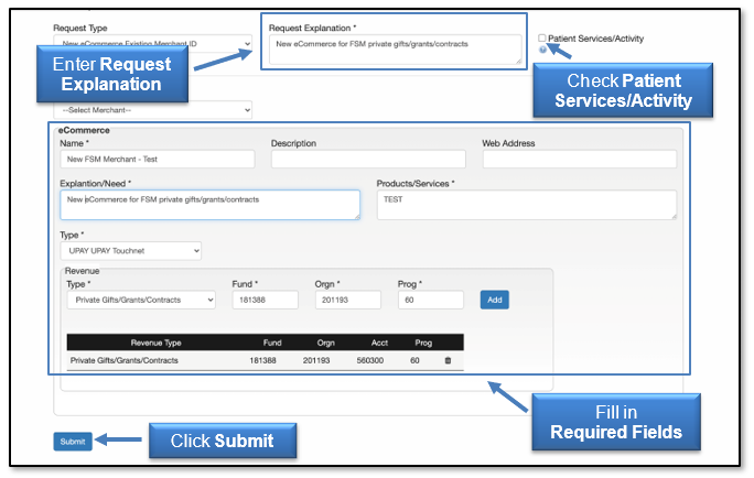 Enter Request explanation, check Patient Services/Activity, enter the required fields, and click submit