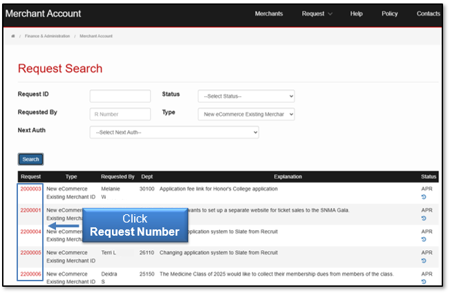 Click the Request Number under that column