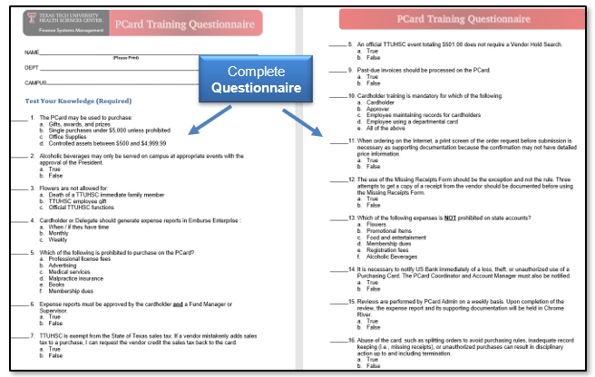 Answer all the questions of the PCard Training Questionnaire and submit