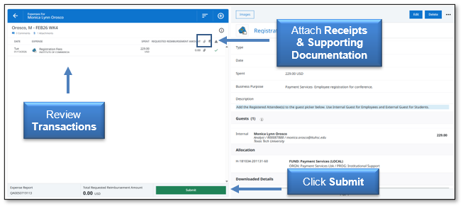 Review the transactions, Attach Receipts and supporting Docs, and click submit