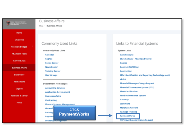 In the WebRaider Portal, click the PaymentWorks link under the Business Affairs tab