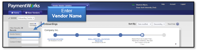 Enter the vendor name in the New Vendors tab