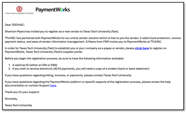 PaymentWorks example of invitation to a vendor