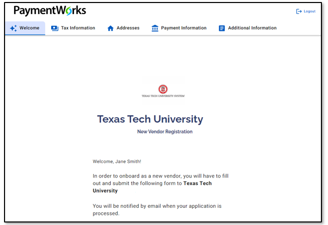 PaymentWorks example of form to complete new vendor registration