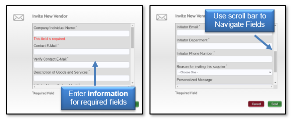Enter information for required fields in the Invite New Vendor screen and use the scroll bar to navigate fields